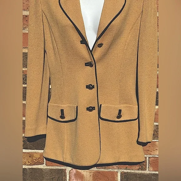 St.John Collection by Marie Gray,Tan Knit Jacket W/ Black Trim,Gold Buttons SZ 6 - Picture 3 of 12